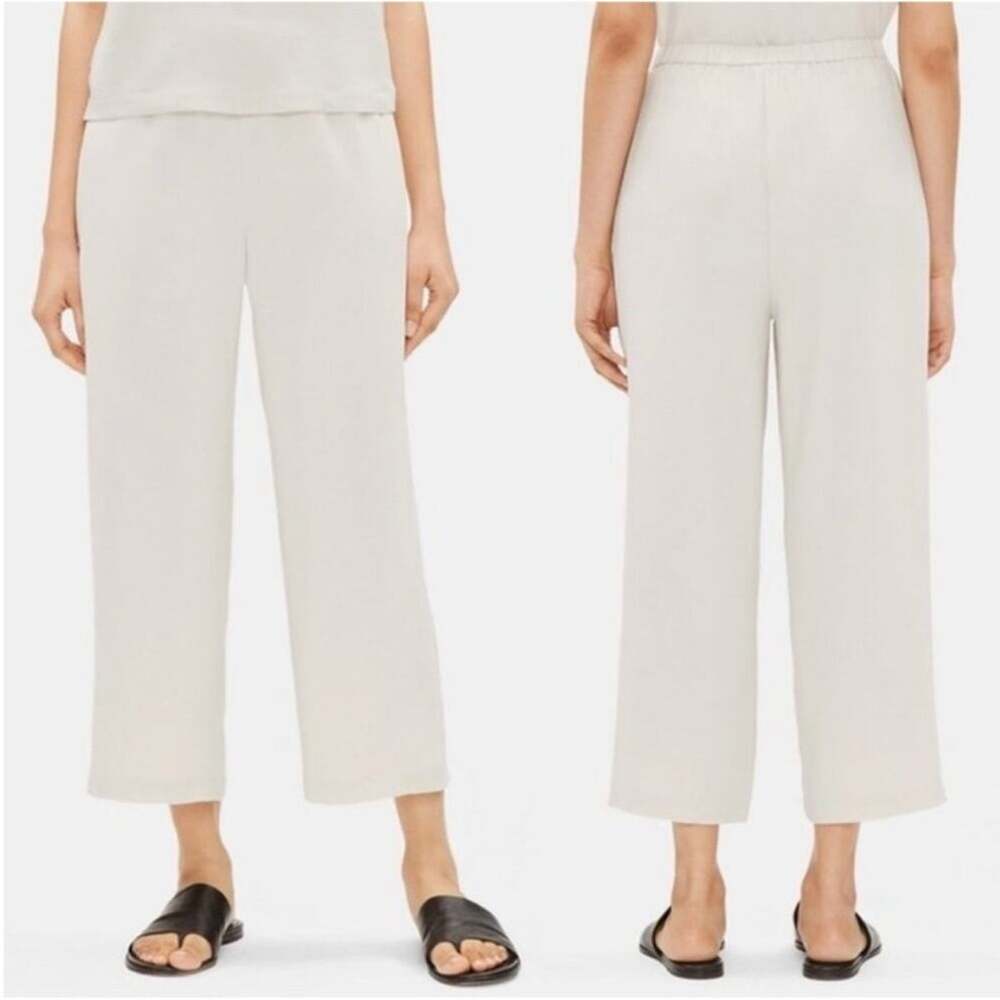 Eileen Fisher System Silk Georgette Crepe Wide Leg Crop Pant Bone Ivory Medium